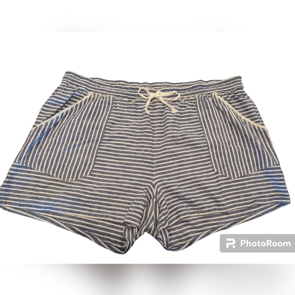 Rewind Linen Blend Striped Shorts Women’s 2X Blue White Drawstring Summer Casual
